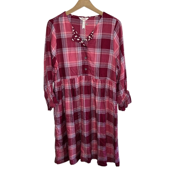 NWT Matilda Jane | Red Pink Plaid Long Sleeve Dress Buttons to Waist Size Small - Picture 1 of 9